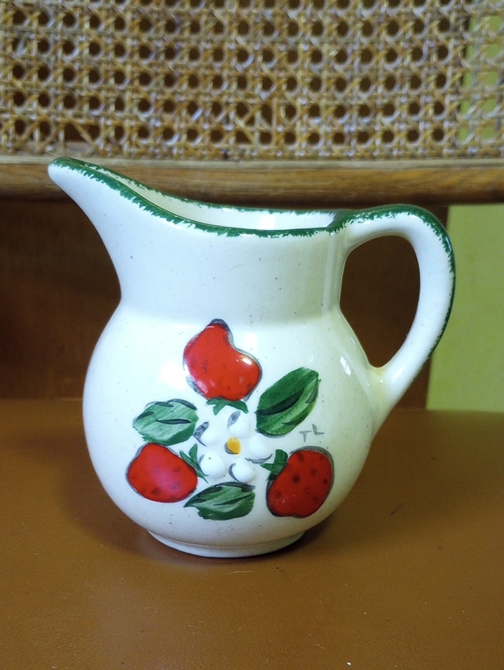 Strawberry & Floral Pottery Vintage Pitcher. Cream Red Green White Yellow